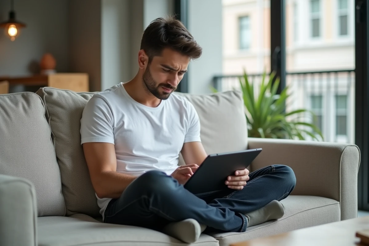 Jeune personne tentant de restaurer un email supprimé depuis une application sur tablette dans un salon