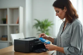 Femme retirant une cartouche d'encre bloquée d'une imprimante Canon PIXMA sur un bureau en bois