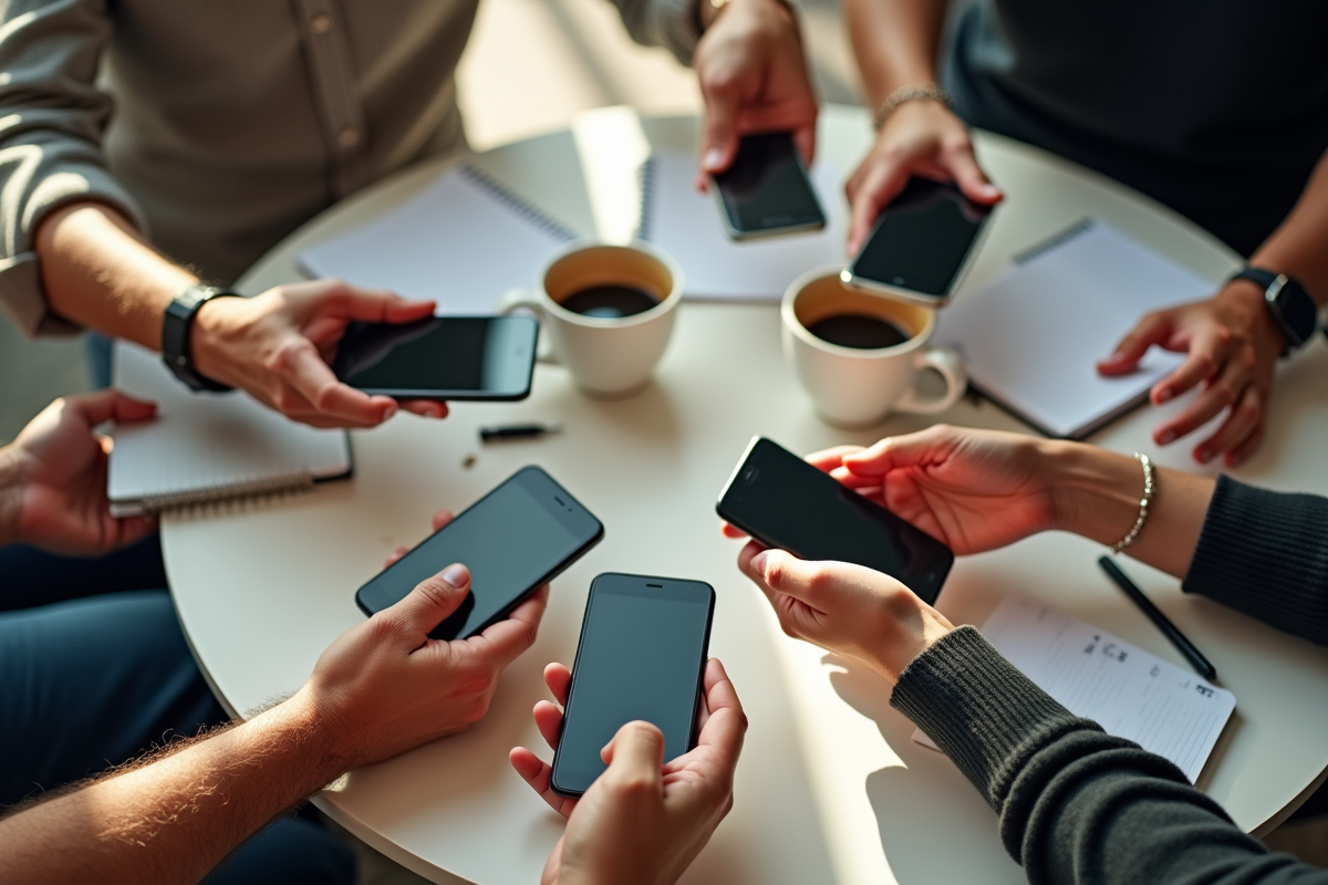 Plusieurs mains avec téléphones envoyant des messages lors d