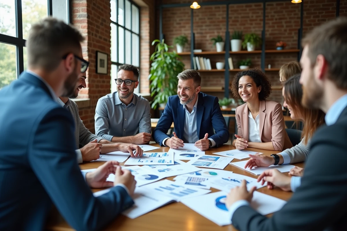 Groupe de professionnels discutant autour d