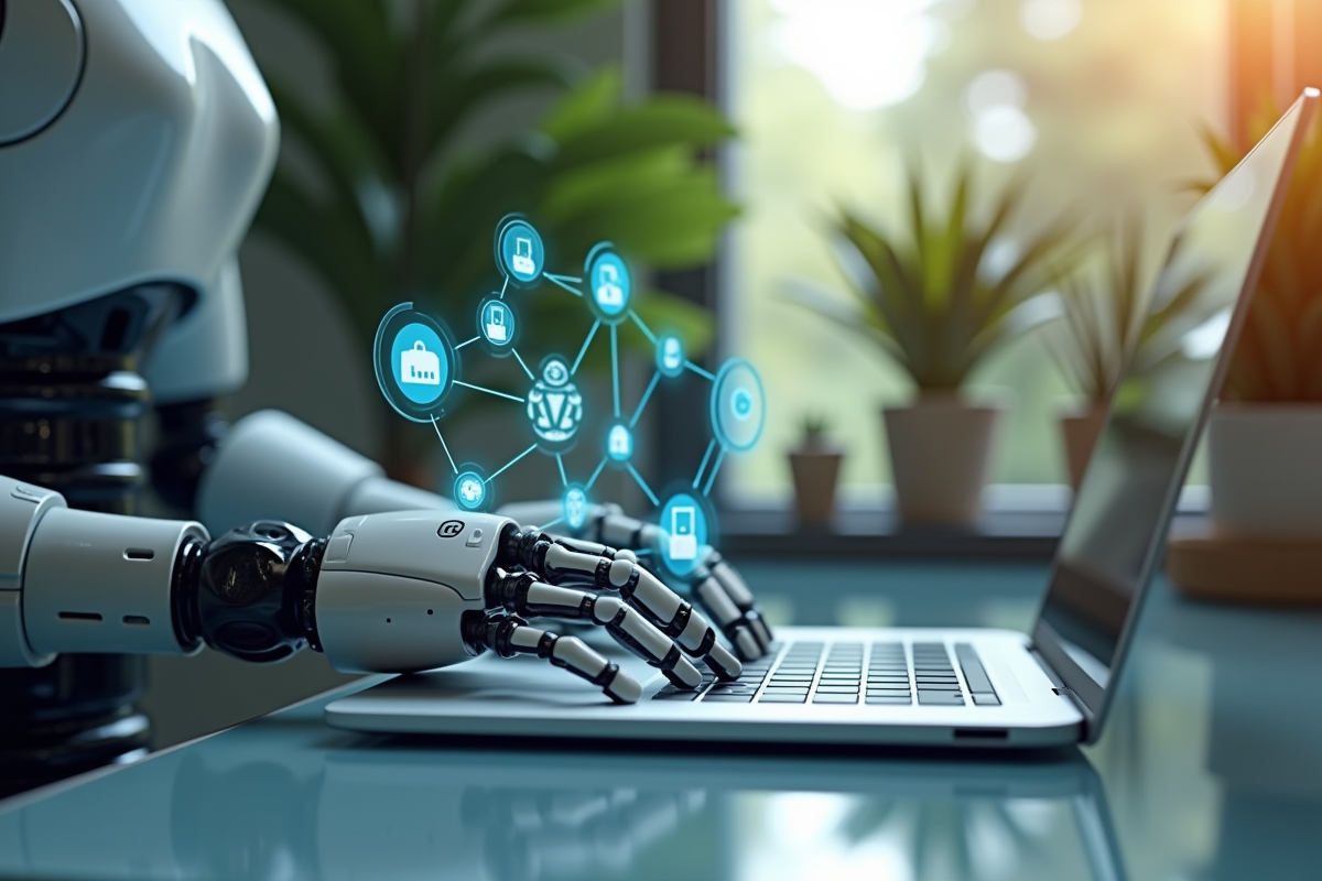 Bras robotique tapant sur un ordinateur portable avec icônes numériques