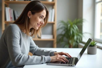 Femme utilisant un raccourci clavier sur un ordinateur portable pour saisir le caractère È majuscule accentué sous Windows