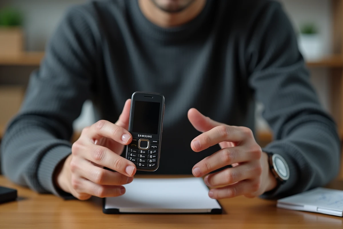 Un homme tenant le Samsung E250 ouvert pour comparer les versions et éditions spéciales du téléphone mobile
