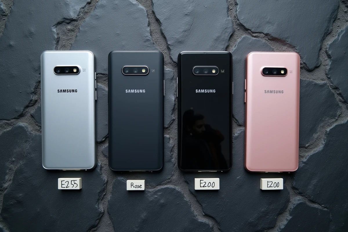 Vue à plat de plusieurs Samsung E250 en différents coloris sur ardoise sombre, incluant des éditions limitées et variantes spéciales