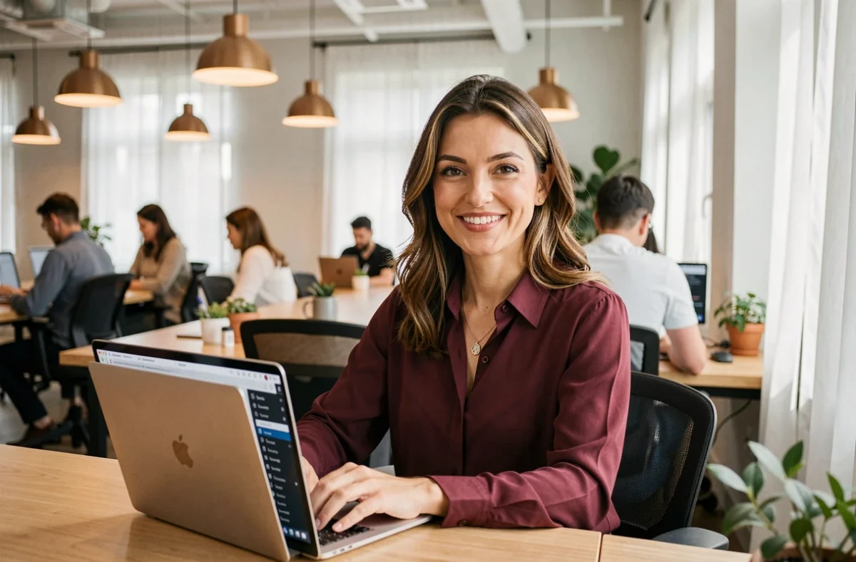 Sarah El Gharbi, consultante WordPress freelance, travaillant sur un tableau de bord éditorial dans un espace de coworking lumineux et convivial