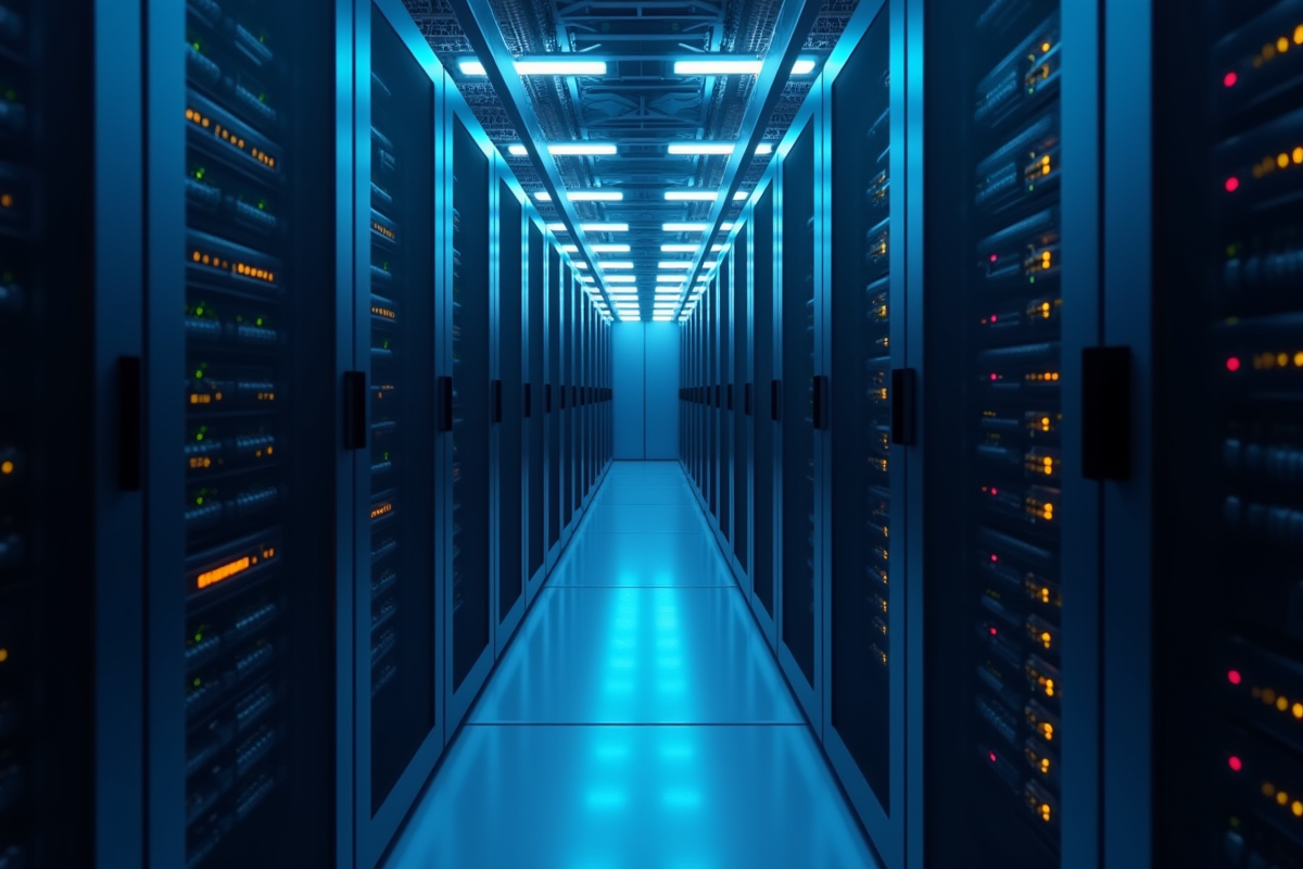 Racks de serveurs dans un centre de données lumineux