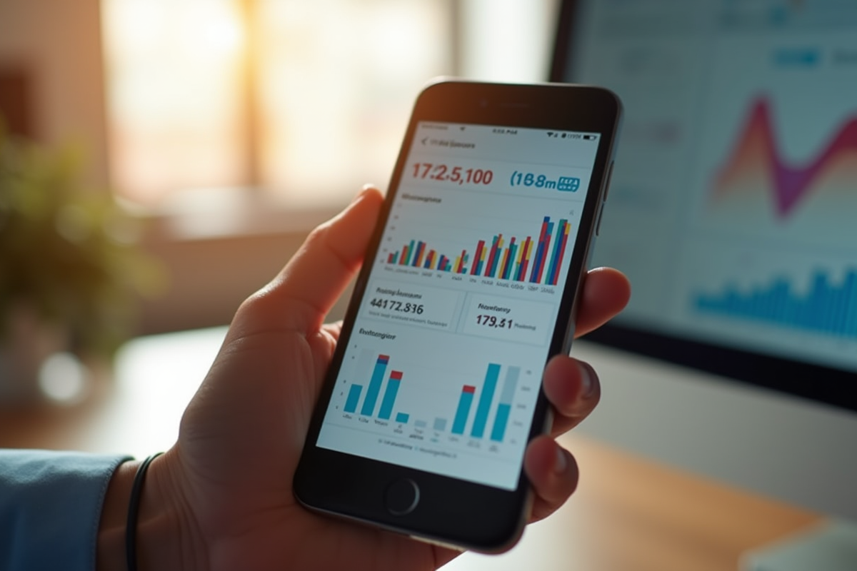 Main tenant un smartphone affichant un tableau de bord d