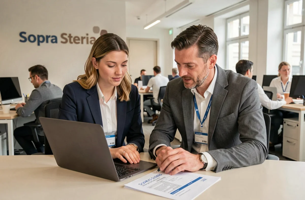 Deux consultants Sopra Steria collaborant sur un rapport d'audit de sécurité dans un bureau parisien moderne