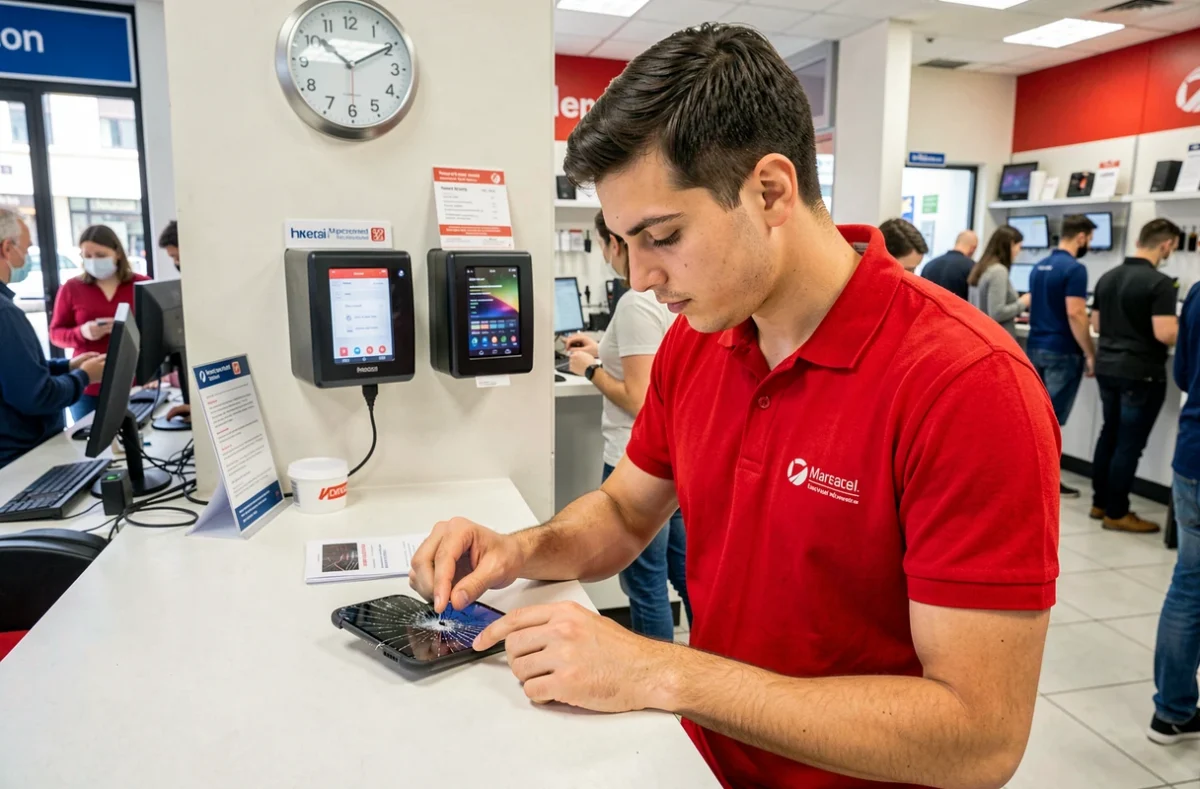 Technicien de SOS Phone Marseille effectuant un dépannage express d'un smartphone avec écran fissuré au comptoir