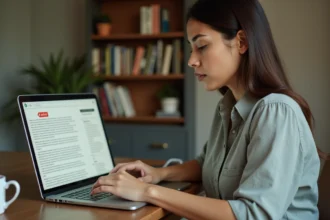 Femme au bureau supprimant des pages d'un document PDF sur son ordinateur portable