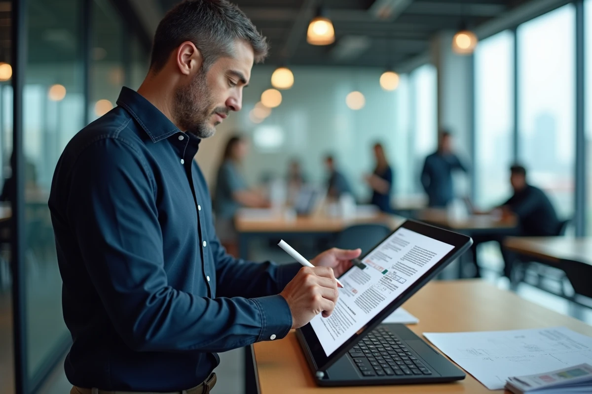 Homme en bureau moderne supprimant des pages PDF sur une tablette avec stylet