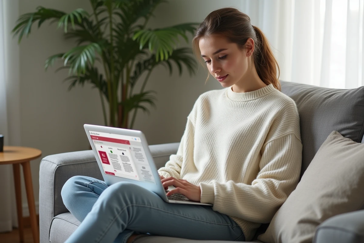 Jeune femme sur un canapé utilisant un logiciel PDF pour supprimer des pages de document