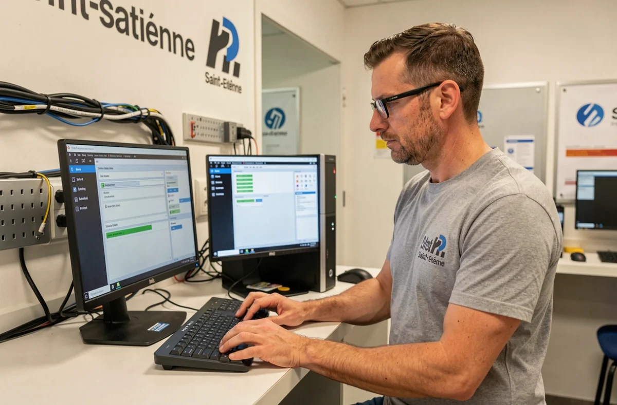 Technicien de Tech PC Saint-Etienne diagnostiquant un ordinateur de bureau avec un logiciel spécialisé
