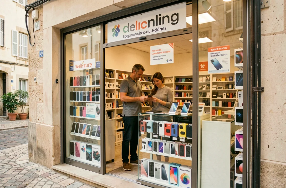 Intérieur du Téléphone Store avec un vendeur conseillant une cliente sur un smartphone reconditionné dans les Bouches-du-Rhône