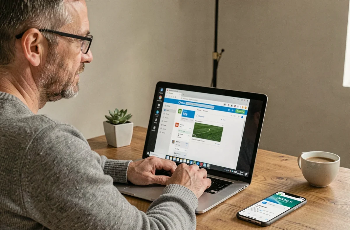 Employé en télétravail utilisant Outlook Web et la messagerie INRAE sur ordinateur portable et smartphone