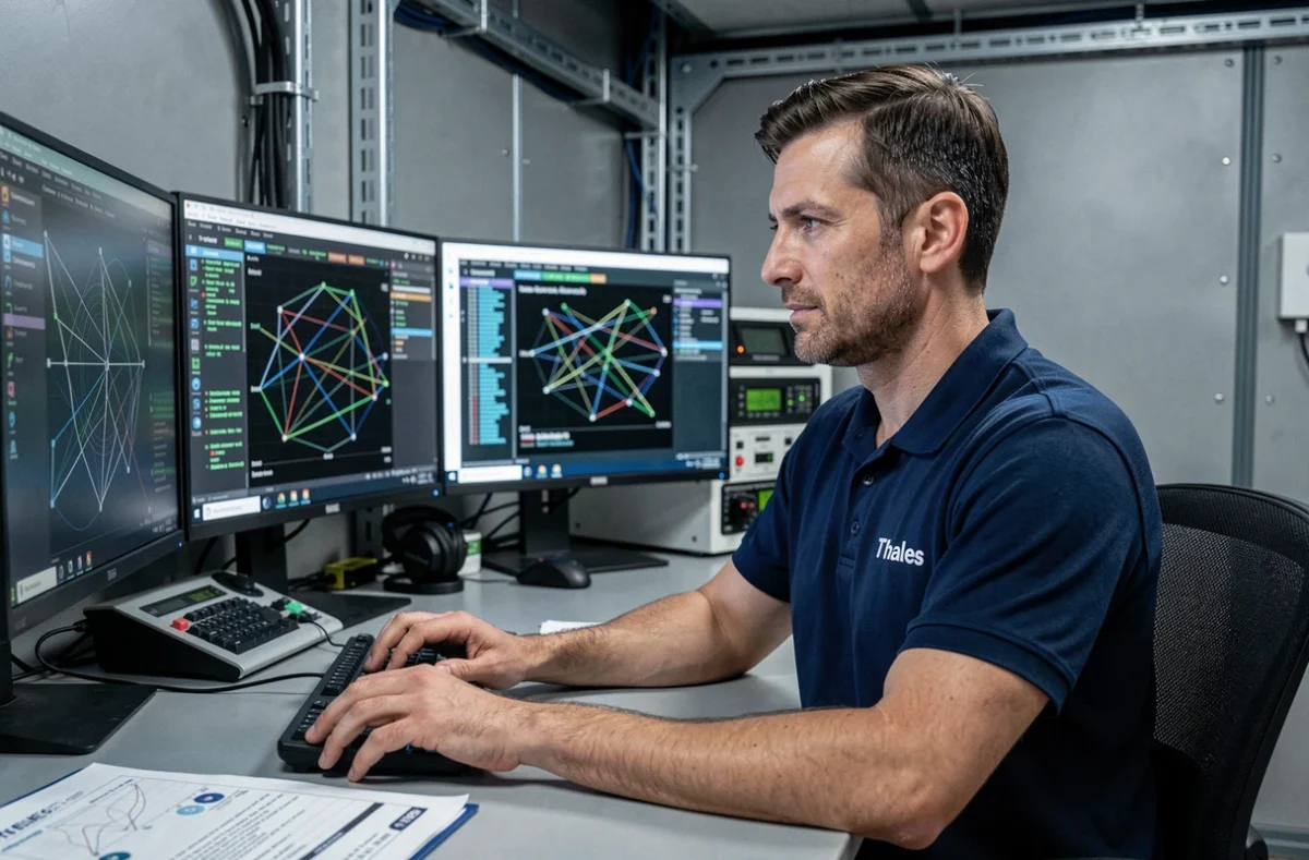 Ingénieur cybersécurité Thales travaillant sur des flux de données chiffrées dans un environnement technique sécurisé