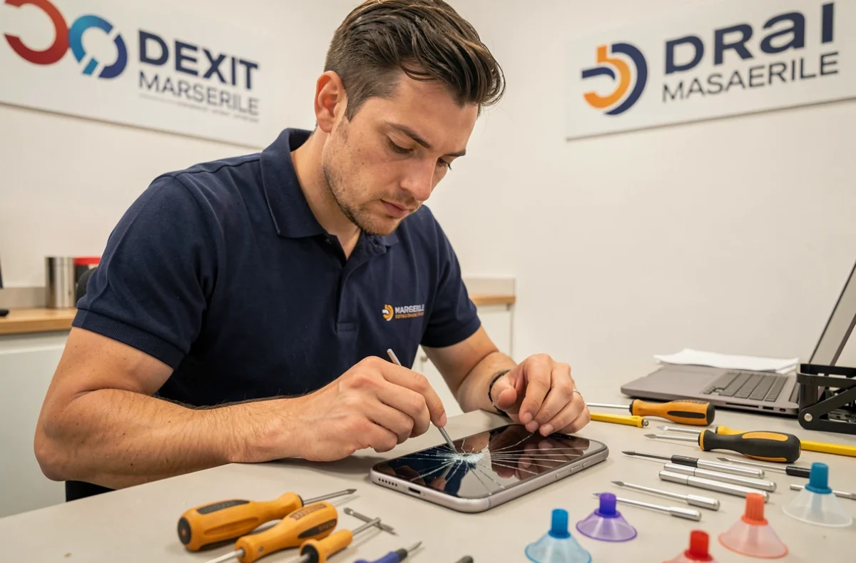Technicien de TurbosiM remplaçant l'écran d'un smartphone dans son atelier de réparation à Marseille