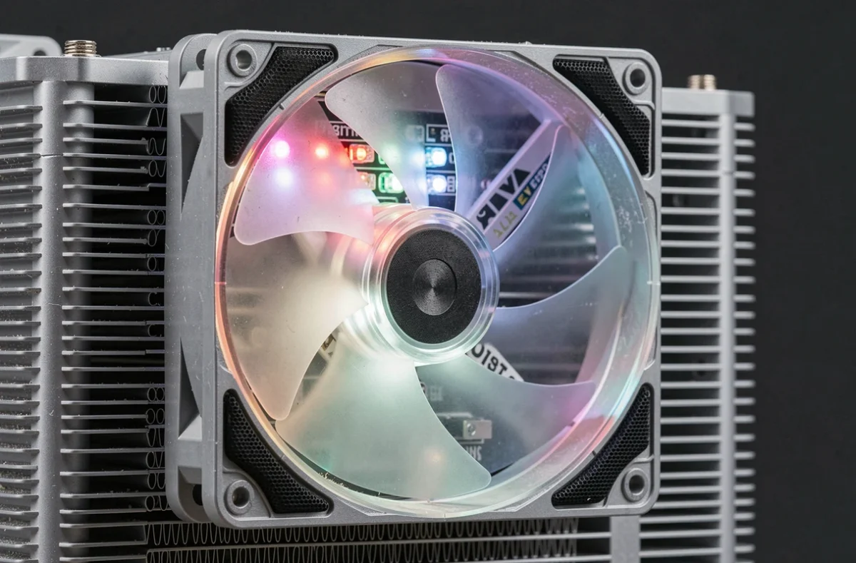 Gros plan macro sur un ventilateur ARGB 120mm du refroidisseur liquide ARCTIC Liquid Freezer III Pro avec reflets colorés sur les ailettes du radiateur