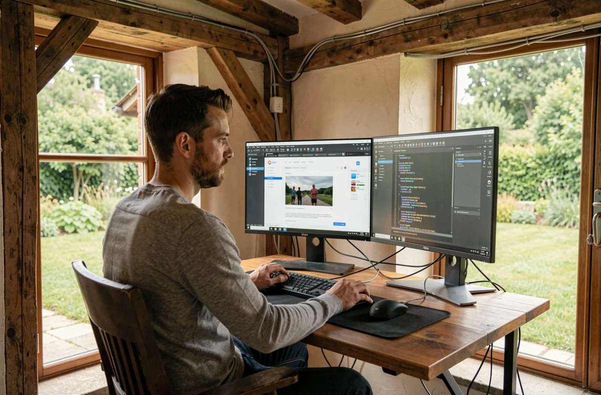 Professionnel informatique de Web Studio Création à Merle-Leignec travaillant sur un site web dans un bureau rural